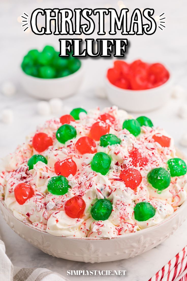 A bowl of christmas fluff. White Chocolate Almond Bark, Christmas Fluff, Easy Holiday Dessert, Candied Cherries, Fluff Salad Recipes, Simply Stacie, Easy Holiday Desserts, Christmas Salads, Fluff Recipe