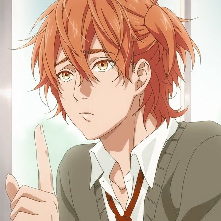 an anime character with red hair pointing to the side and wearing a white collared shirt