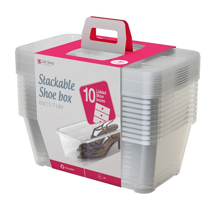 the stackable shoe box has 10 pairs of shoes in it and one pair is empty