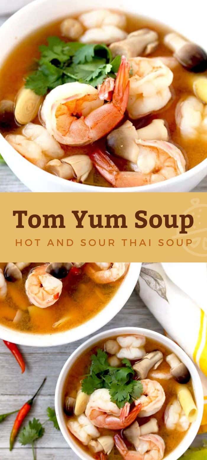 two bowls of tom yum soup with shrimp and scallops