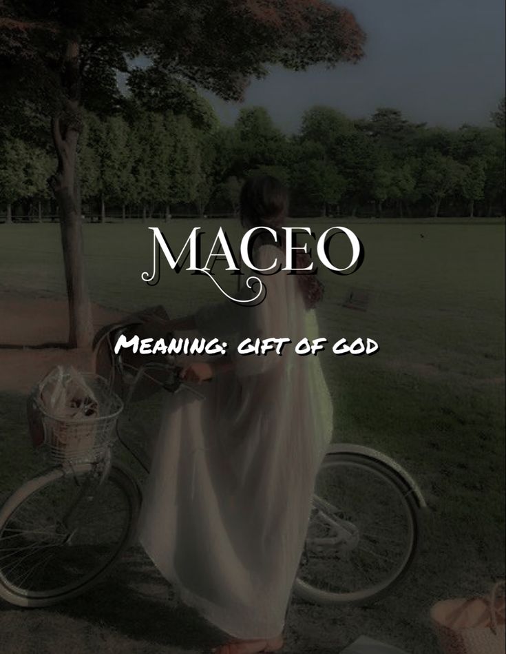 a woman standing next to a bike with the words macco meaning gift of god