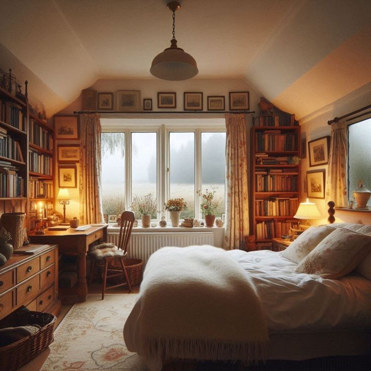 a bedroom with a large bed and lots of books on the shelves next to it