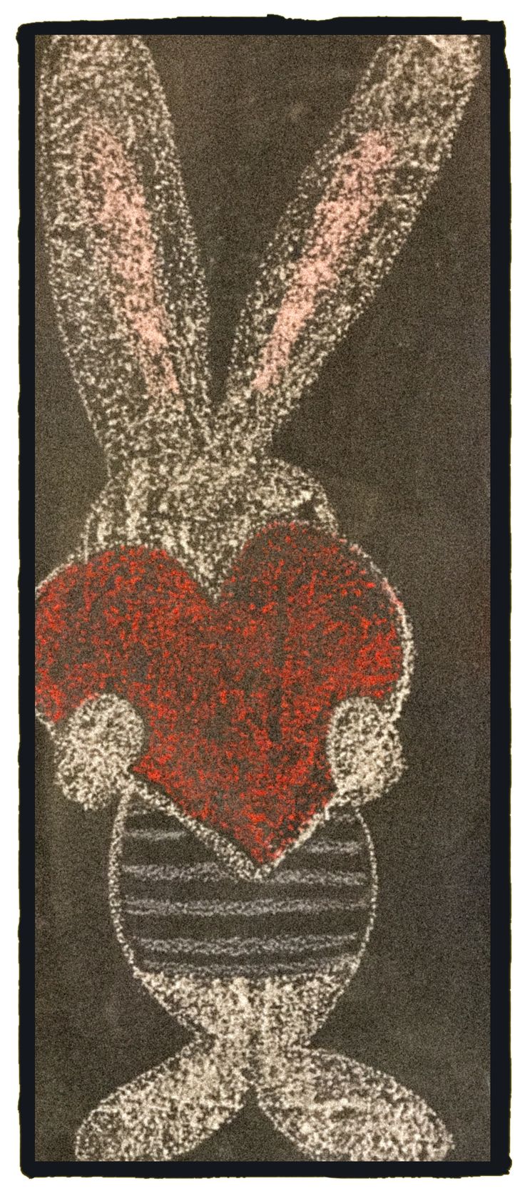 a drawing of two rabbits with a heart in their hands on a black background that appears to be made out of colored chalk