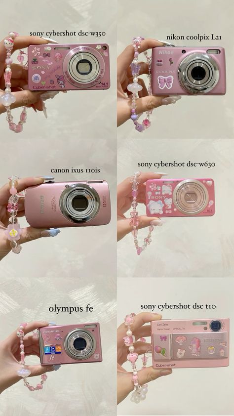 the instructions for how to take pictures with a pink camera and beads on her wrist