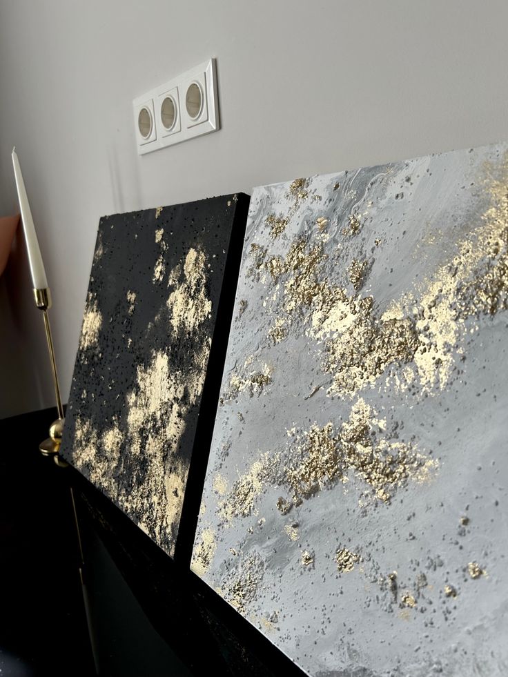 Set of 2 white Gray textured Gold leaf abstract painting Diptych original handmade two piece Textured art Living Room aesthetic Luxurious wall art Gold Leaf Abstract Painting, Black Gold And White Living Room, Room Makeover Black, White And Gold Painting, Gold Decor Ideas, Black And Gold Painting, Oversized Wall Decor, Abstract Painting Acrylic Modern, 2 Piece Painting