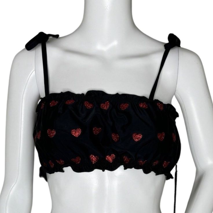 Beach Riot Bikini Top Womens Small Black Red Clara Sparkle Heart Swim Top Beach Women's Size Small Tie Spaghetti Straps Glitter Hearts Stretch Elastic Top And Bottom Bands Adjustable Straps Vacation Travel Size Tag Missing. Mannequin Is An Xs For Size Referrence Measures 13", Stretches To 17" New With Tag (C8) Black Halter Crop Top For Beach, Summer Beachwear Halter Top For Night Out, Beach Season Party Tops, Trendy Black Crop Top For Vacation, Flirty Sleeveless Black Swimwear, Flirty Black Sleeveless Swimwear, Summer Triangle Crop Top For Club, Triangle Top Crop Top For Summer Clubbing, Flirty Beach Tops