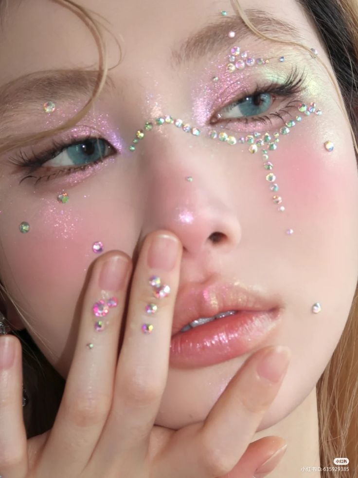 Douyin Makeup With Gems, Soft Fairy Makeup, Futuristic Makeup, Gem Makeup, Concert Makeup, Cute And Aesthetic, Rhinestone Makeup, Douyin Makeup, Doll Eye Makeup