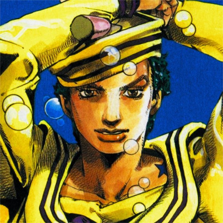 an anime character is wearing a yellow outfit and holding his hands on his head with bubbles