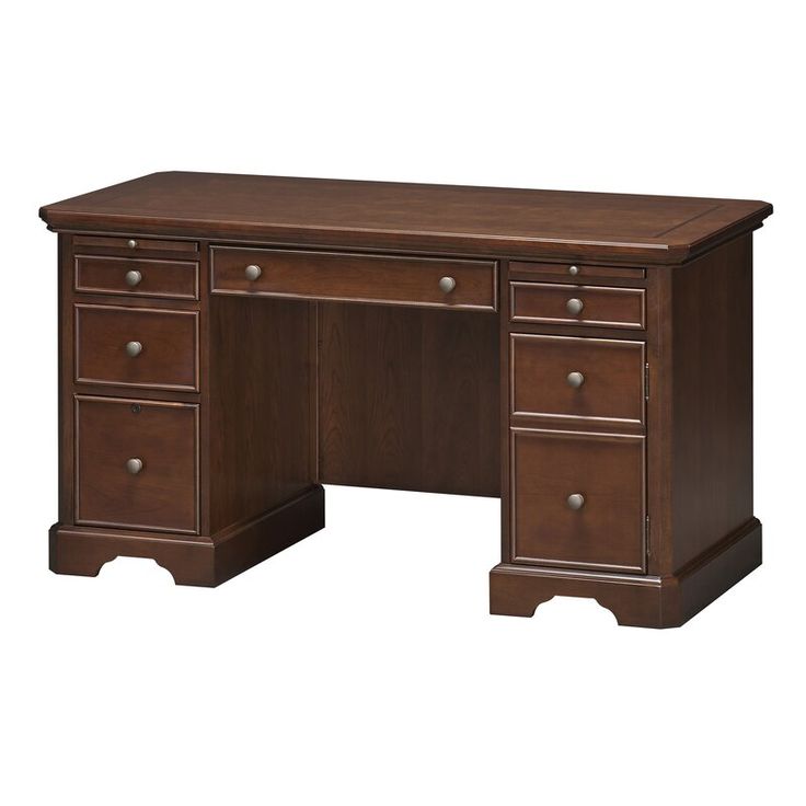 an executive desk with two drawers and one file drawer on the left side, in dark wood