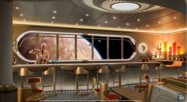 the interior of a space ship bar with an astronaut looking out the window