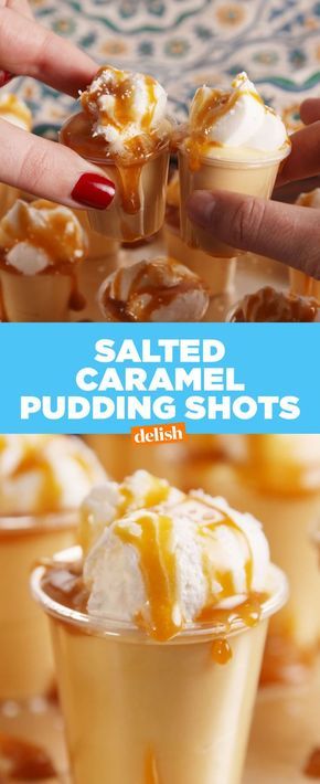 salted caramel pudding shots with ice cream and caramel drizzle on top