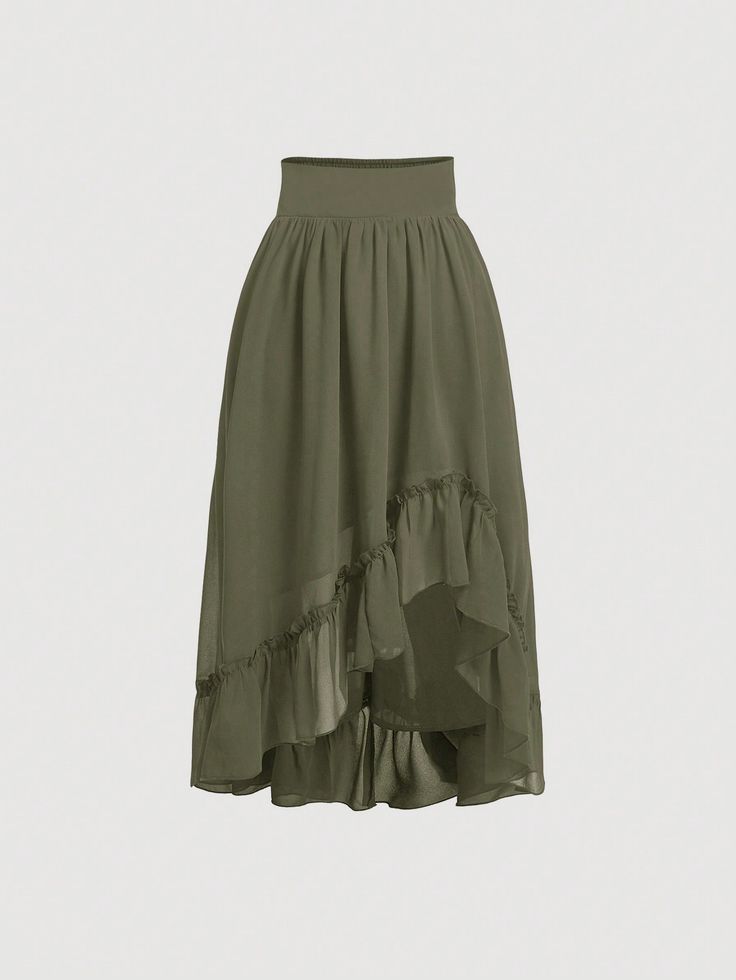 Wide Waistband Rufflea Symmetrical Hem Long Skirt Army Green Casual   Woven Fabric Plain Asymmetrical Non-Stretch  Women Clothing, size features are:Bust: ,Length: ,Sleeve Length: Cute Long Skirts, Fortune Teller Costume, Army Green Skirt, Fashion Reference, Long Skirt Outfits, Long Skirts For Women, Women Skirts, Hem Skirt, Asymmetrical Skirt