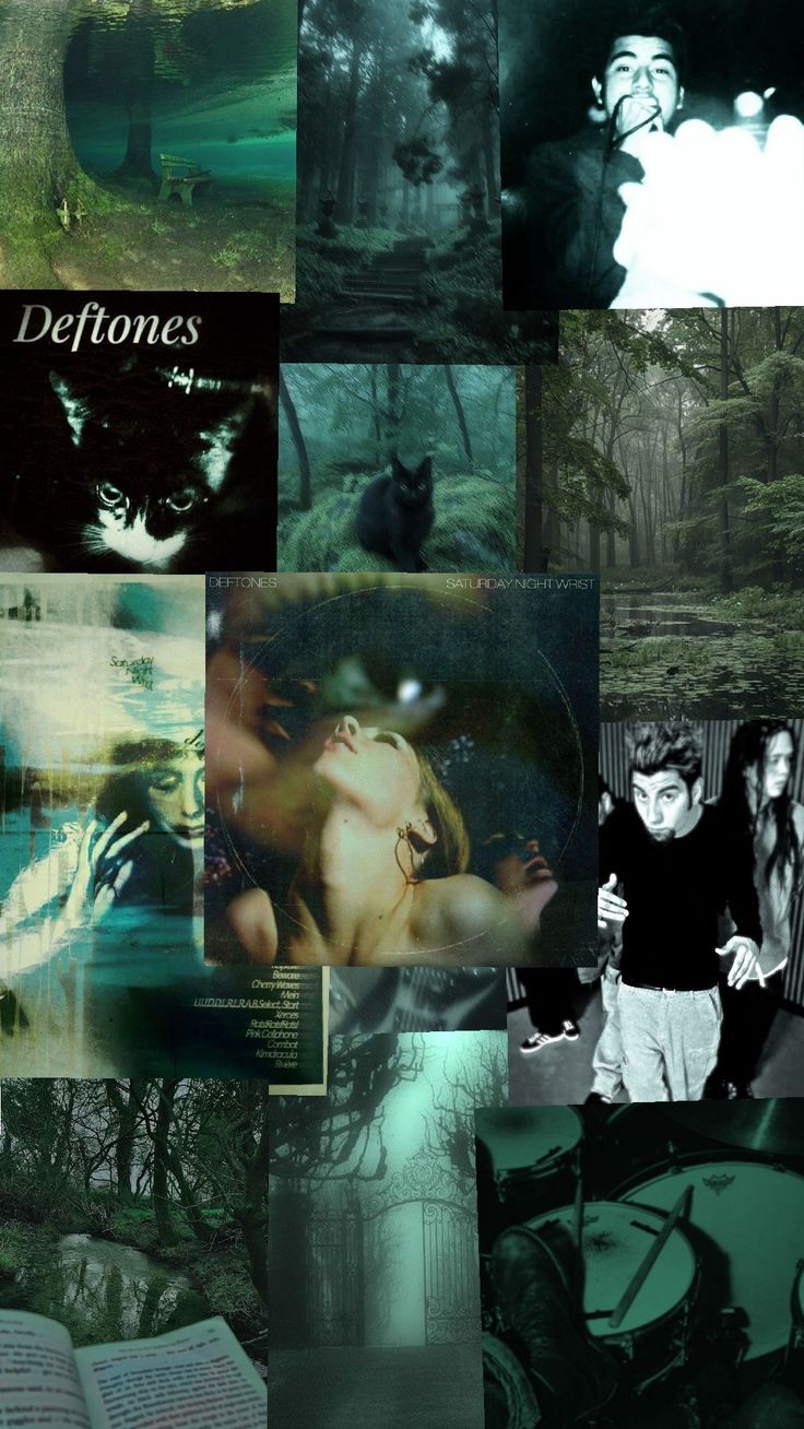 a collage of photos with the words deftones on them and an image of a cat