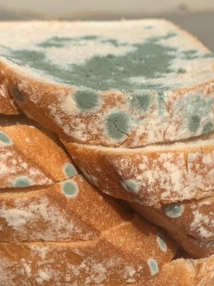 several pieces of bread stacked on top of each other with blue dots in the middle