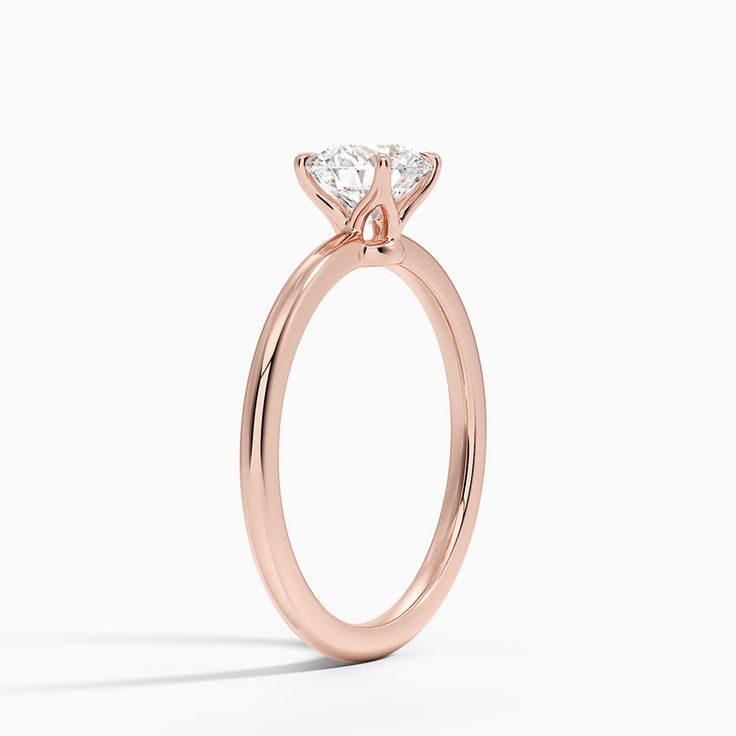 a rose gold engagement ring with a single diamond in the center, on a white background