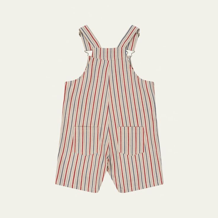 Konges Slojd "Marlon" overalls in classic ticking stripes Square neckline Adjustable suspenders Chest patch pocket; back patch pockets Relaxed fit Buttons through sides Organic cotton Imported