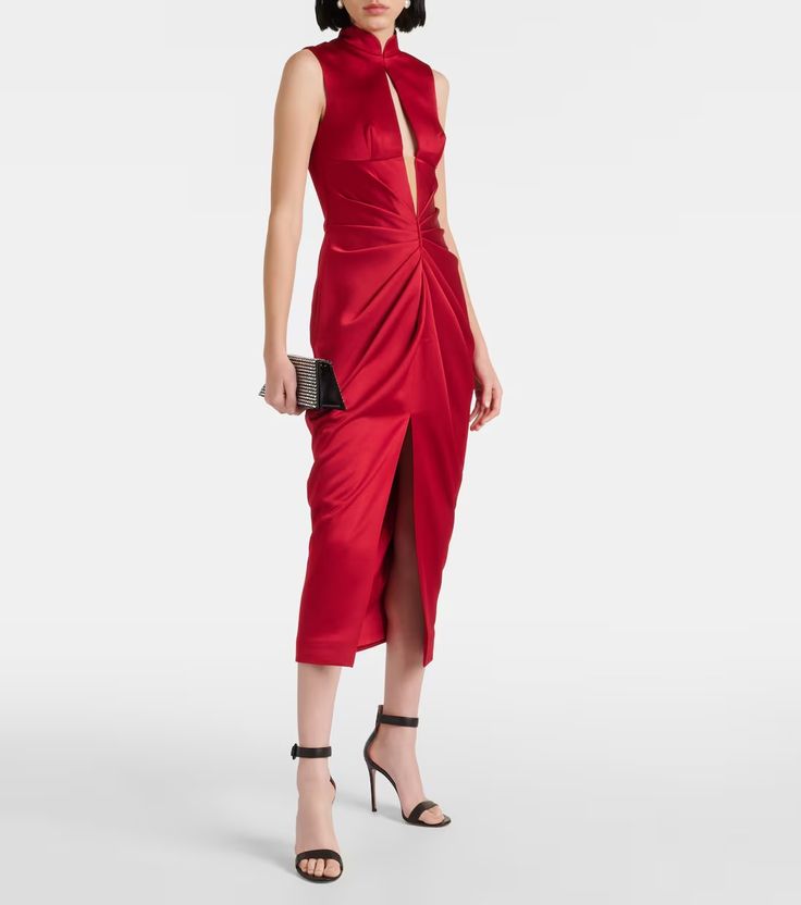 Draped cutout midi dress in red - Rasario | Mytheresa Chic Ruched Dress With Cut-out Waist, Ruched Dress With Cut-out Waist For Night Out, Ruched Midi Dress For Date Night, Ruched Evening Dress With Cut-out Waist, Ruched Sheath Midi Dress For Gala, Gala Sheath Midi Dress With Ruched Detail, Cocktail Ruched Midi Dress, Party Ruched Midi Dress In Elastane, Fitted Ruched Dress With Cut-out Waist