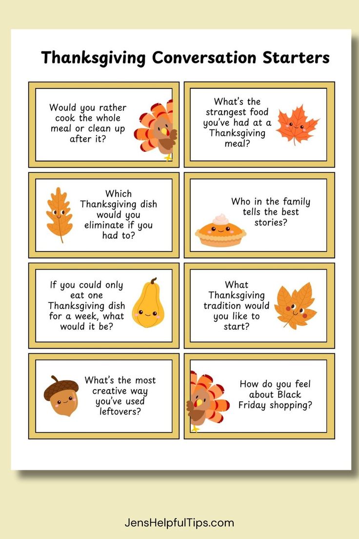 Thanksgiving Conversation Starters | Jens Helpful Tips Gratitude Conversation Starters, Thanksgiving Conversation Starters Free Printable, Thanksgiving Conversation Starters, Conversation Starters For Kids, Types Of Pie, Fall Meals, Thanksgiving Activity, Thanksgiving Activities For Kids, Fun Conversation Starters