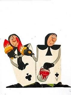 two playing cards, one with ace and the other holding a paintbrush in their hands