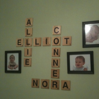 scrabble letters spelling out the names of babys and their mom's pictures