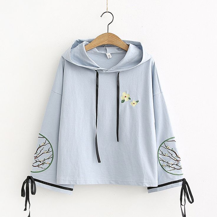 Blossom Embroidery Ribbon Loose Hoodie Spring Embroidered Hooded Hoodie, Embroidered Hooded Hoodie For Spring, Casual Spring Hoodie Top, Spring Drawstring Crew Neck Sweatshirt, Hooded Embroidered Sweatshirt For Spring, Embroidered Hooded Sweatshirt For Spring, Spring Embroidered Cotton Hoodie, Embroidered Cotton Hoodie For Spring, Spring Embroidered Hoodie Sweatshirt