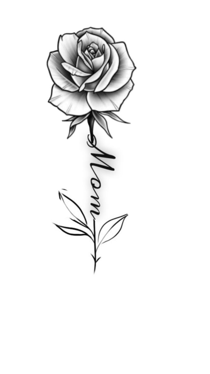 a black and white rose with the word mom written in cursive writing on it