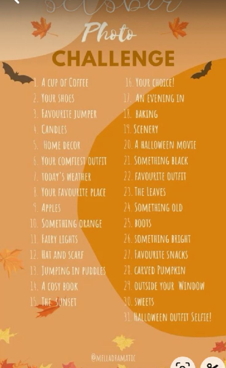 an autumn photo challenge with pumpkins, leaves and bats in the background for halloween