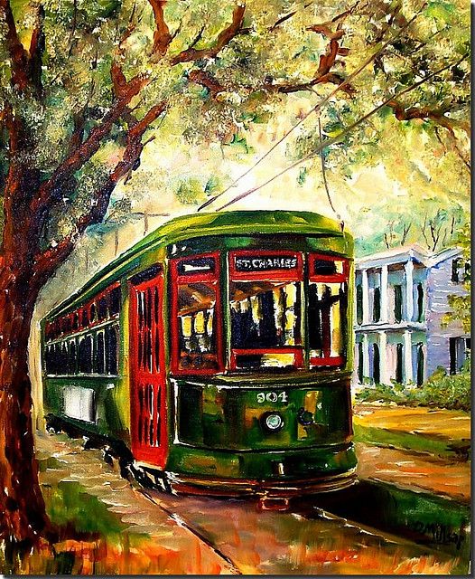 a painting of a trolley car on the street in front of some buildings and trees