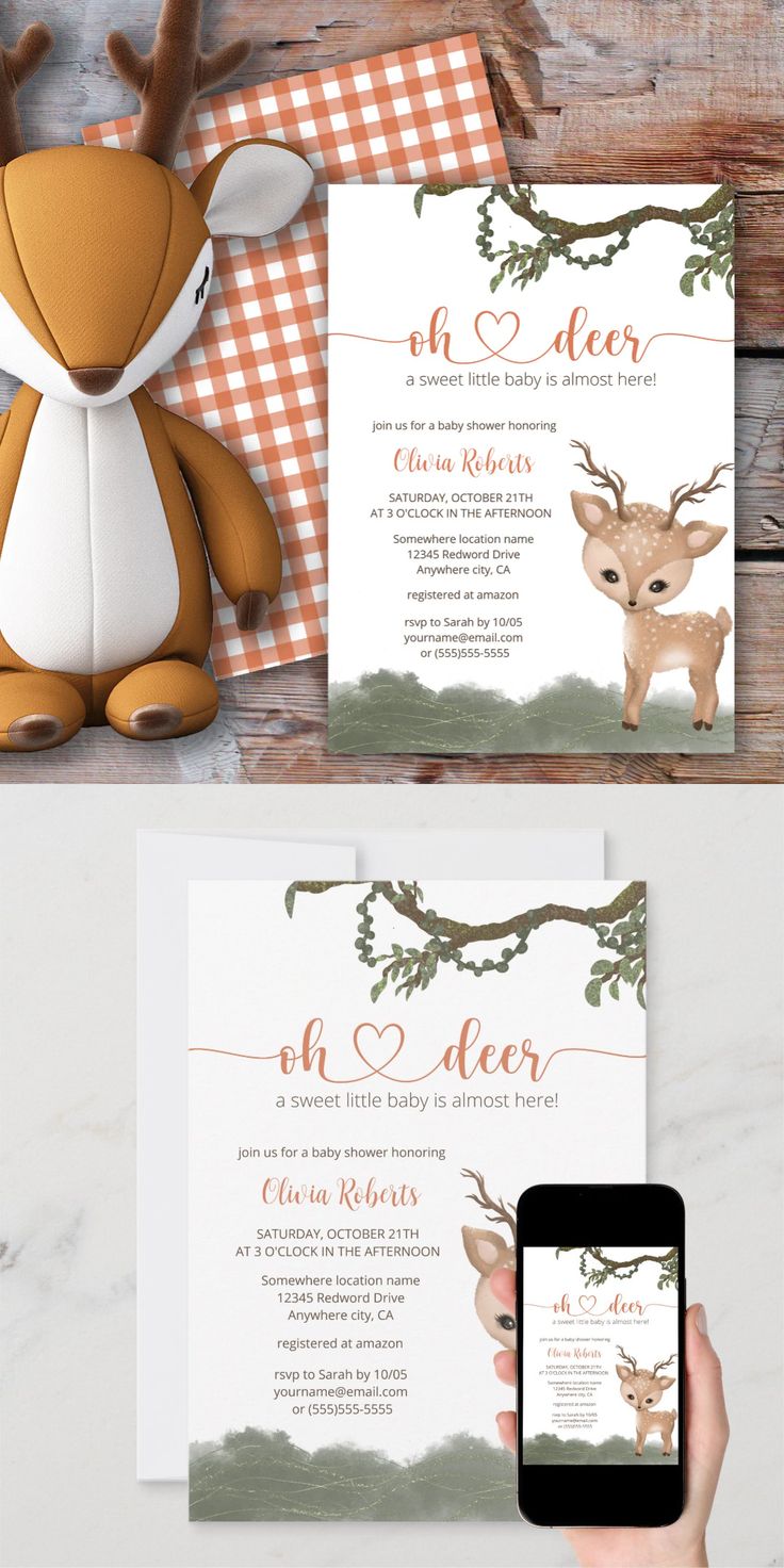 an image of a deer themed wedding suite with the text, save the date and information card