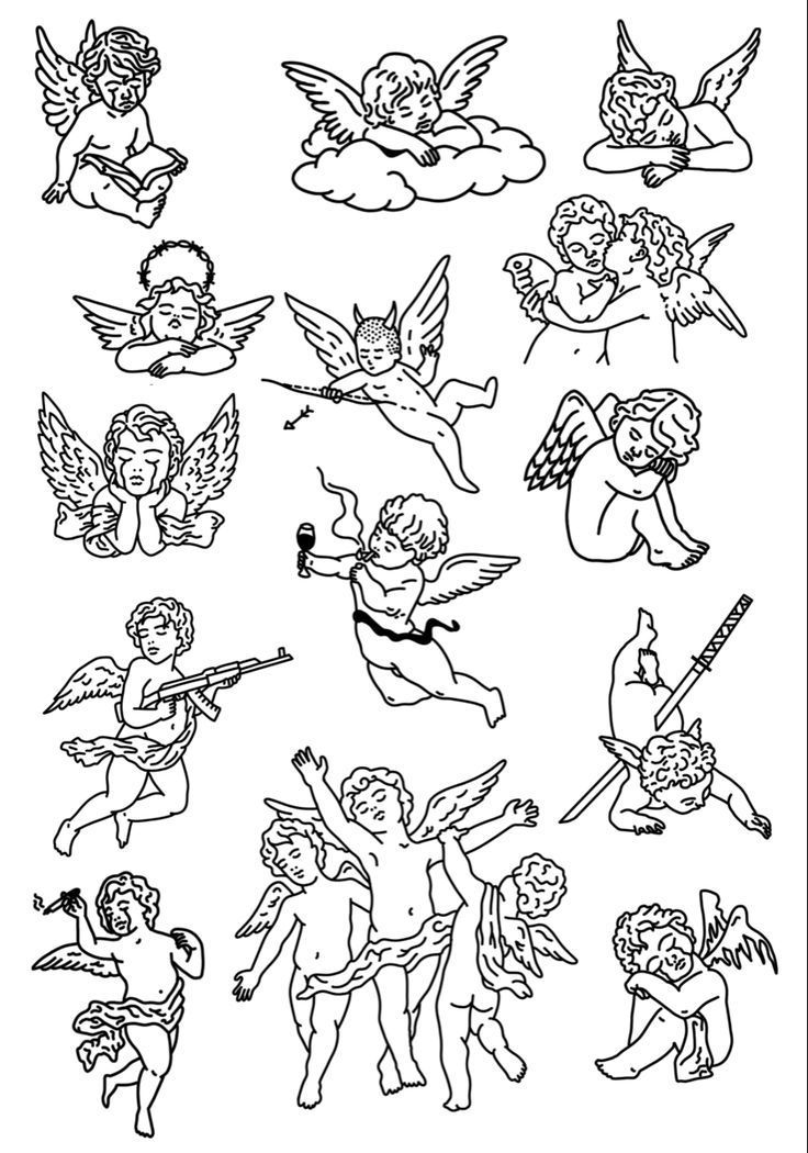 black and white drawing of angels flying in the sky