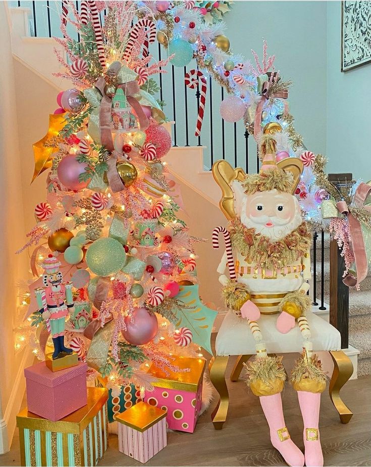 a pink and gold christmas tree decorated with candy canes, ornaments and a teddy bear