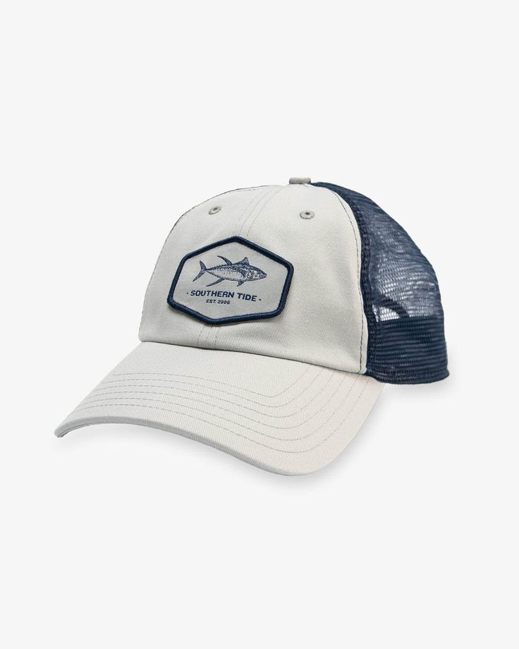 The front view of the Southern Tide Big Tuna Trucker Hat by Southern Tide - Light Grey Adjustable Gray Fishing Hat, Adjustable Gray Hat For Fishing, Gray Casual Fishing Hat, Casual Gray Fishing Hat, Fishing Snapback Hat With Curved Brim, Gray Trucker Baseball Cap With Curved Bill, Gray Trucker Cap With Curved Bill, Casual Snapback Hat With Flat Bill For Fishing, Adjustable Curved Brim Baseball Cap For Fishing