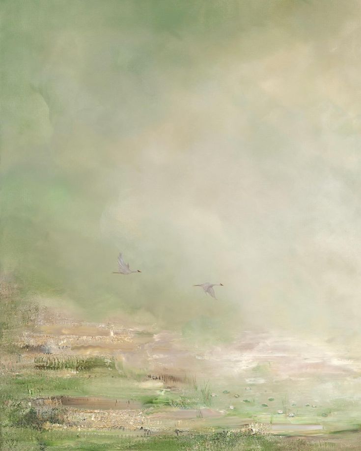 an abstract painting with birds flying over the water