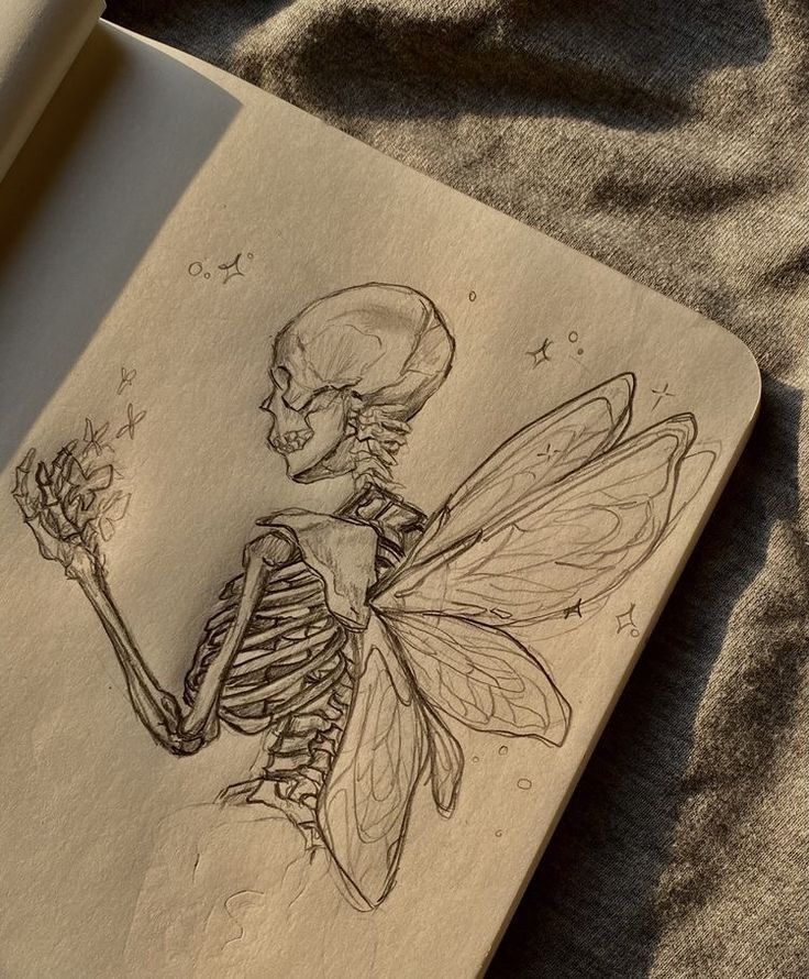 a drawing of a skeleton holding a flower