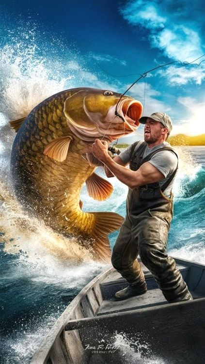 a man on a boat with a large fish in it's mouth while holding a fishing rod