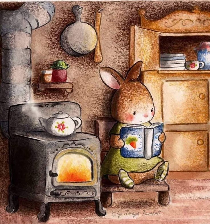 a drawing of a bunny reading a book in front of an oven with the door open