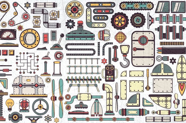 a large collection of different types of machines and parts on a white background with text