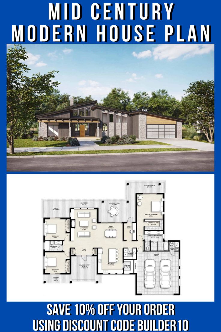 the mid century modern house plan is shown in blue and white with an open floor plan