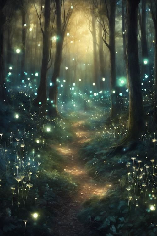 a path in the middle of a forest with glowing lights coming from it's trees