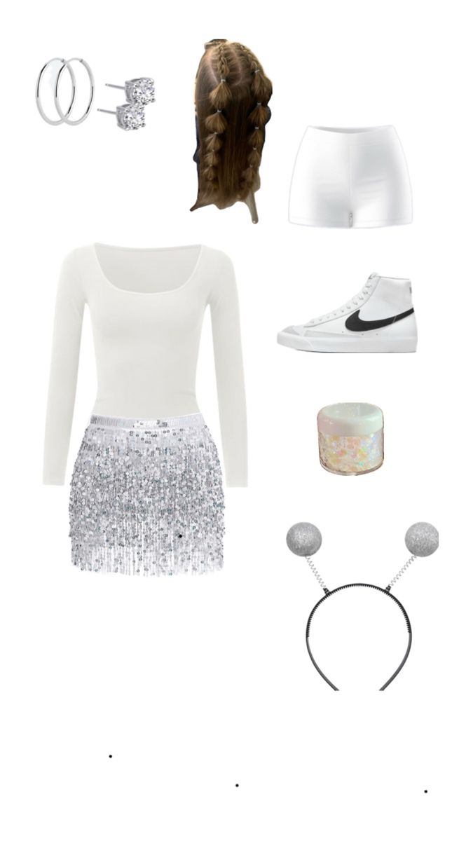 a white outfit with silver sequins on it and accessories including shoes, headband