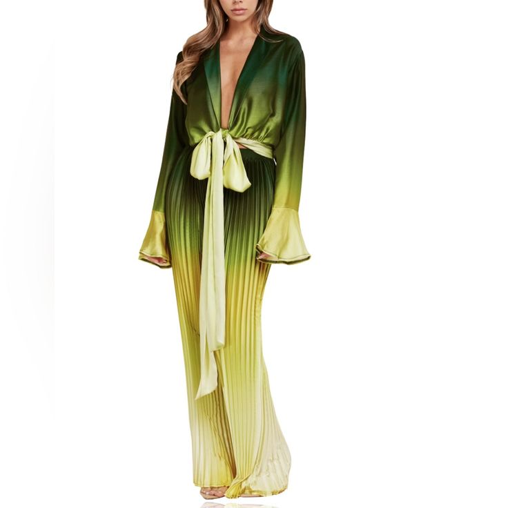 Turn Faces Pale With Envy In This Stunning Pant Set. Features A Dramatic Deep V Tie Top With Trumpet Cuffs On The Sleeves & Pleated Wide Leg Pants. Fades From A Deep Forest Green To Olive, Chartreuse, Then Parchment! Measurements Provided Upon Request! Green Jumpsuits And Rompers For Spring Loungewear, Fitted Yellow Jumpsuits And Rompers For Fall, Elegant Yellow Long Sleeve Jumpsuit/romper, Elegant Yellow Long Sleeve Jumpsuit, Spring Evening Jumpsuits And Rompers With Tie Waist, Evening Jumpsuits And Rompers With Tie Waist For Spring, Fitted Yellow Jumpsuits And Rompers For Spring, Fitted Green Jumpsuits And Rompers With Tie Waist, Elegant Yellow Fitted Jumpsuits And Rompers