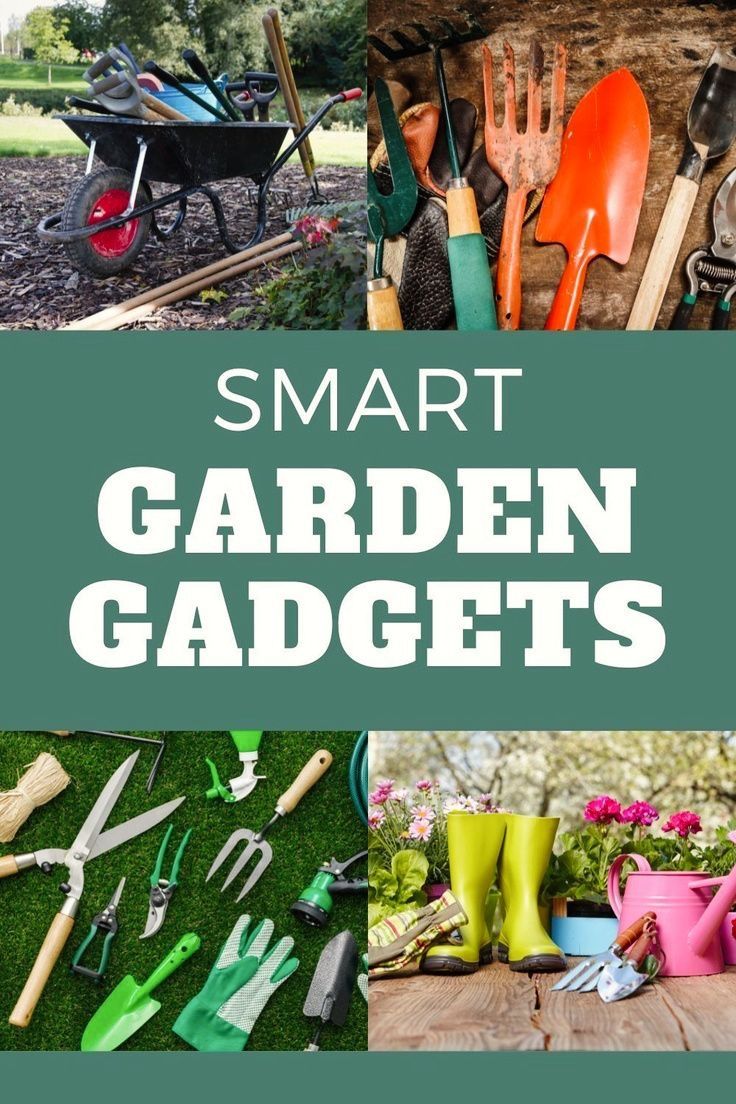 garden gadgets and gardening tools on the ground with text overlay that reads smart garden gadgets