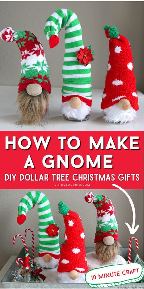 three christmas gnomes made out of yarn with text overlay that says how to make acnome diy dollar tree christmas gifts