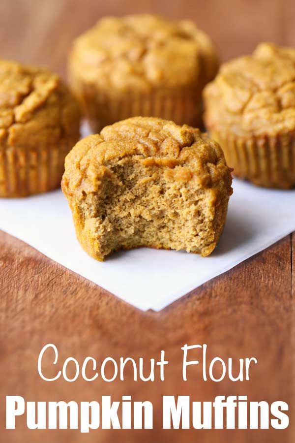 three pumpkin muffins sitting on top of a white napkin with the title coconut flour pumpkin muffins