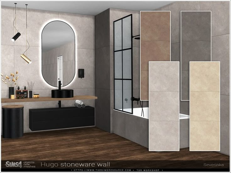 a bathroom with a sink, mirror and bathtub next to a wall mounted shower