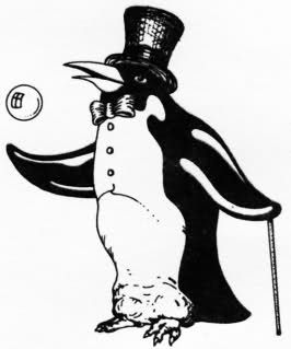 a penguin wearing a top hat and coat with a cane in his hand, playing billiard