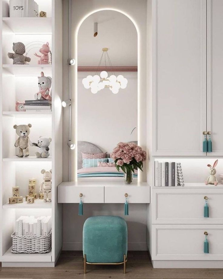 a white dressing table with a mirror above it and stuffed animals on the shelves behind it