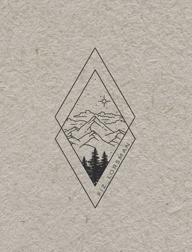 a drawing of mountains and trees in a diamond shape