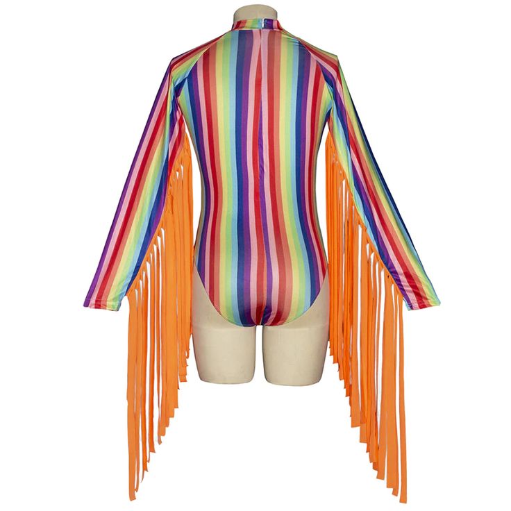 FREE SHIPPING Rainbow Stripes Women O Neck Long Tassels Sleeves Sexy Bodycon Bodysuit JKP3612 Multicolor Bodysuit For Summer Music Festival, Rave Style Multicolor Bodysuit For Club, Rave Multicolor Bodysuit For Club, Summer Rave Festival Leotard, Summer Festival Rave Style Leotard, Summer Festival Rave Leotard, Stretch Beachwear Bodysuit For Festivals, Fitted Beachwear Swimwear With Tassels, Multicolor Club Swimwear For Spring