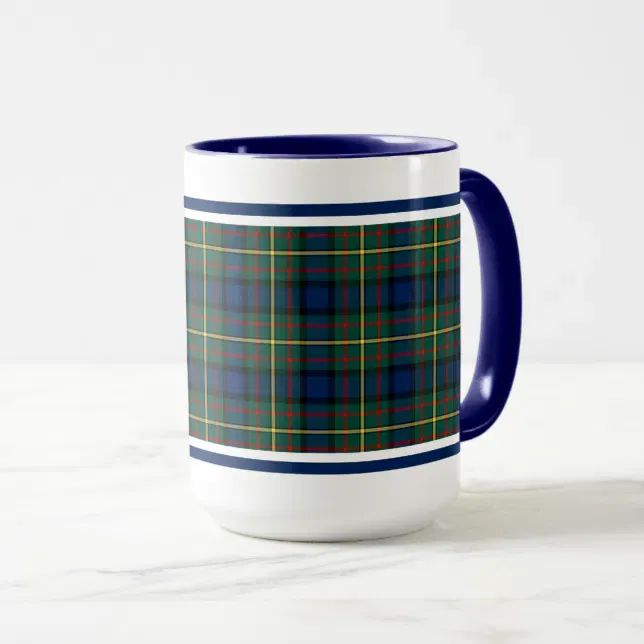 a blue and green plaid coffee mug on a white tablecloth with a black border